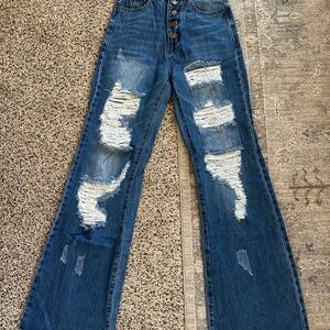 High-Rise Distressed Wide-Leg Jeans - Blue